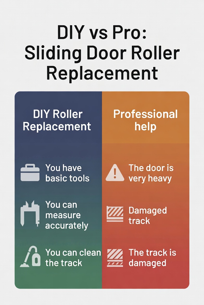 DIY vs professional sliding door roller replacement infographic: when to do it yourself with basic tools, accurate measurement and track cleaning vs call a pro for heavy doors or damaged tracks